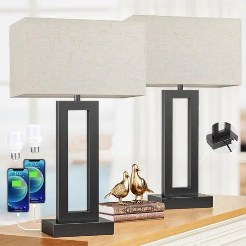 Miniatura 10 de Juego de 2 lámparas de mesa de noche para dormitorio, lámpara de noche táctil con USB C+A, lámparas de sala de estar regulables de 3 vías para mesas