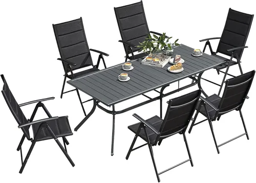 Miniatura 14 de PURPLE LEAF Juego de comedor al aire libre para 6 mesas plegables de patio con mesa rectangular de aluminio y sillas acolchadas para todo