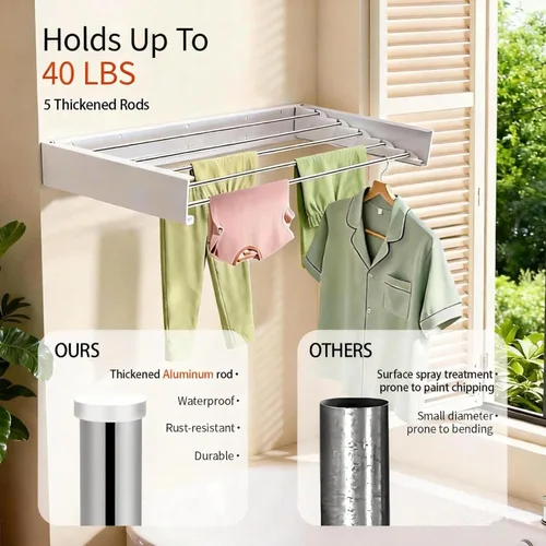 Miniatura 4 de Tendedero de pared de 31.5 pulgadas, estante de secado de ropa plegable de pared, estante de secado de ropa para ahorrar espacio, estante de secado