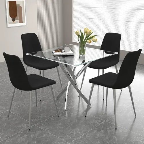 Miniatura 10 de Juego de mesa de comedor de cristal para 4, juego de mesa de cocina redonda dorada de 5 piezas con 4 sillas tapizadas negras, mesa de comedor