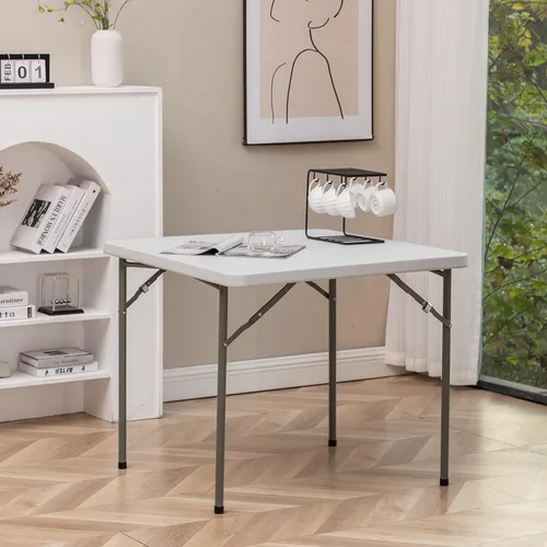 Miniatura 2 de BTEXPERT Juego de 2, mesa plegable cuadrada de plástico de granito blanco de 3 pies portátil para juegos de mesa de cartas, noches, reuniones