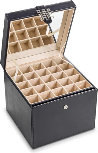 Miniatura 2 de Glenor Co Soporte organizador de aretes, 75 ranuras pequeñas y 4 grandes, caja de joyería clásica con cajón y cierre moderno, espejo, 4 bandejas