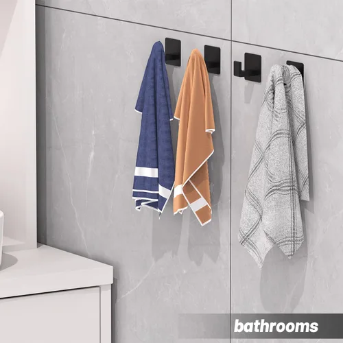 Miniatura 9 de Ganchos de toalla para adhesivo de baño, paquete de 4 ganchos de baño negro mate para toallas, gancho de toalla resistente a la corrosión, ganchos