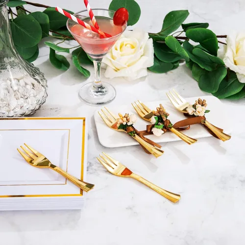 Miniatura 6 de RDF oro placas plásticas con tenedores de plástico-6 "100 platos de postre cuadrados disponibles con borde de oro y 100 tenedores de postre oro