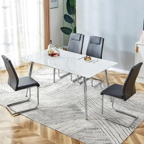 Miniatura 23 de Juego de mesa de comedor en blanco y negro de 51 pulgadas para 4, mesa de cristal minimalista moderna y 4 sillas tapizadas de piel sintética