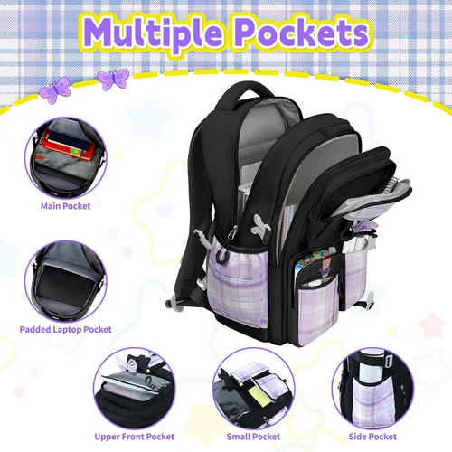 Miniatura 3 de Mochila para niñas con juego de lonchera, 5 piezas, color negro, linda mochila Kawaii para adolescentes, mochila escolar estética para primaria