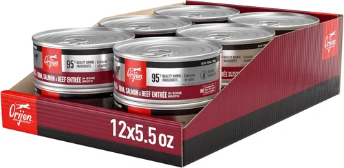 ORIJEN Pate Premium - Comida húmeda para gatos en caldo de huesos con atún, salmón y ternera, latas de 5.5 onzas (12 unidades)