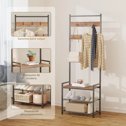 Miniatura 5 de Perchero de pasillo con almacenamiento de zapatos, banco de almacenamiento de árbol de entrada, muebles decorativos de aspecto de madera con marco