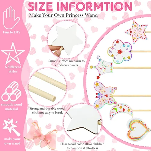 Miniatura 4 de Cindeer Kit de 42 varitas de hada de princesa, 36 piezas de varitas de madera sin terminar con 6 hojas de calcomanías de diamantes coloridos