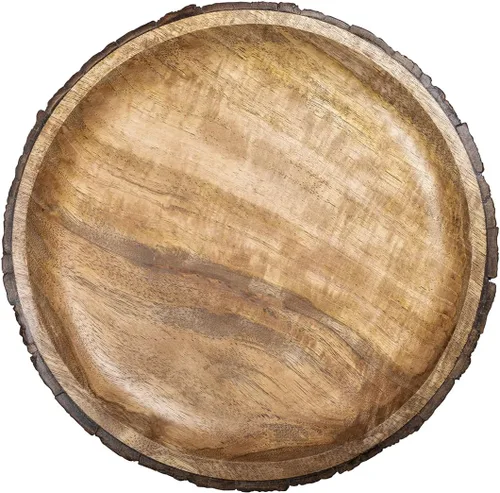 Miniatura 2 de GoCraft - Plato redondo de madera para servir con corteza de árbol en los bordes, plato de pizza de madera de mango, tabla para servir, plato
