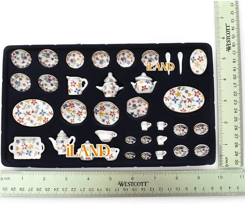 Miniatura 6 de iLAND - Juego de 16 piezas de té miniatura de porcelana en miniatura con camino de mesa, accesorios de elfo, bonita decoración de casa de muñecas