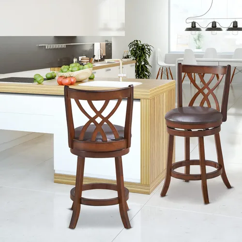 Miniatura 9 de COSTWAY Juego de 2 taburetes de bar, sillas giratorias de 360° con marco de madera de goma, asiento acolchado de piel sintética de 24 pulgadas