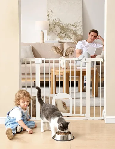 Babelio Puerta de bebé mejorada de 36 pulgadas de alto con puerta para gato, puerta de perro duradera de 29 a 43 pulgadas de cierre automático para