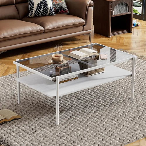 Miniatura 16 de Mesa de centro moderna rectangular con tapa de vidrio templado con estante de madera para el hogar, sala de estar, oficina, tienda o dormitorio