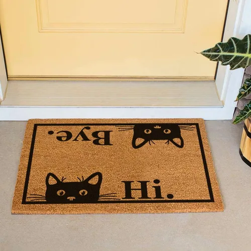 Miniatura 5 de Tapete divertido de fibra de coco con texto en inglés «Hi Bye», bonito tapete con temática de gato, decoración de porche delantero, tapete fino