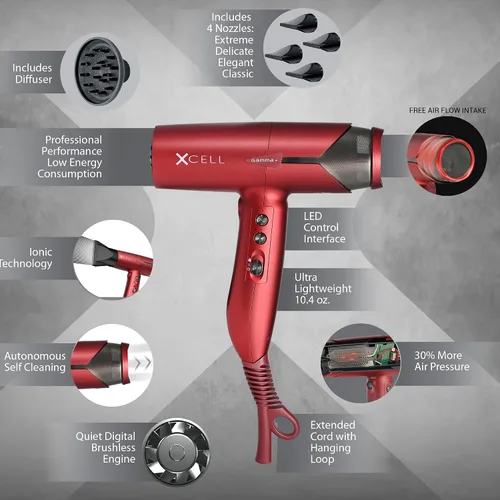 Miniatura 2 de GAMMA+ XCell Professional Ultra-Lightweight Hair Dryer Digital Motor Ionic Technology Whisper Quiet 12 Heat/Speeds Rojo mate