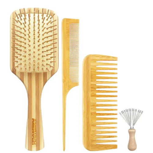 Juego de peine de bambú para mujer, cepillo desenredante de paleta de madera para cabello grueso, fino, rizado, lacio, ondulado, fino, diente ancho