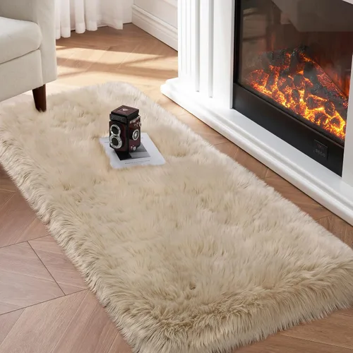 Miniatura 37 de Alfombra de piel sintética para sofá, silla, alfombra pequeña beige para dormitorio, 2 x 3 pies, alfombras peludas para habitación de los niños