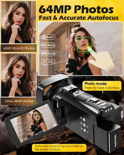 Miniatura 3 de Videocámara de cámara de video 5K, cámara de vlogging WiFi de 64 MP para YouTube con zoom óptico 8X, pantalla táctil IPS de 3.5 pulgadas, visión