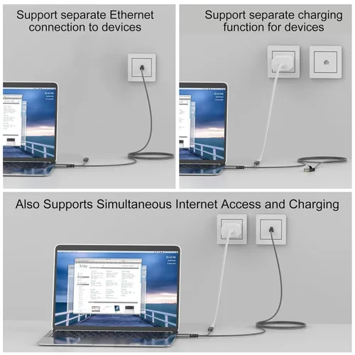 Miniatura 5 de Cable USB C a Ethernet y carga hembra de 6.6 pies, USB-C hembra 60 W PD y Gigabit LAN dos en uno, cable de nailon tipo C a RJ45, conectado