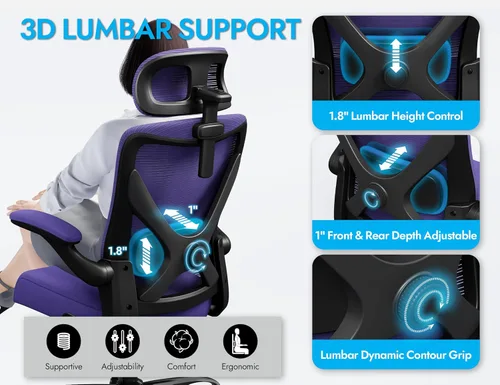 Miniatura 4 de Silla de oficina ergonómica con soporte trasero, silla ergonómica para computadora, sillas de escritorio de oficina en casa, asiento ancho de 330