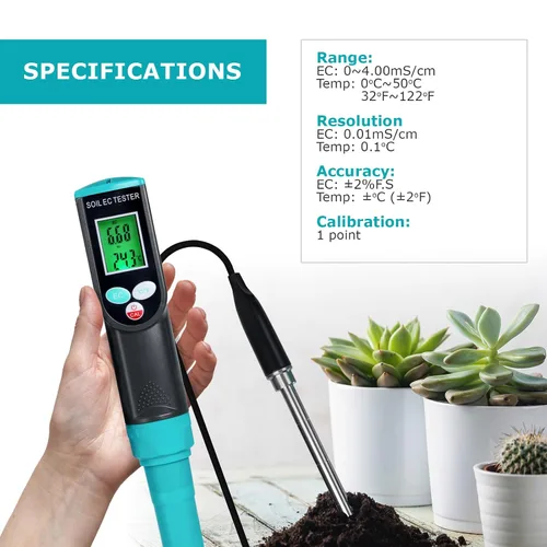 Miniatura 7 de Medidor digital EC de suelo 2 en 1 plantas porfesionales medidor de temperatura EC con sensor con cable, pantalla LCD retroiluminada, compensación