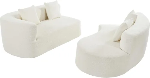 Miniatura 7 de Sofá moderno sin hueso con diseño curvo, sofá modular de felpilla de 2 piezas con 4 almohadas, esponja de felpa, cojín de resorte y esponja grande