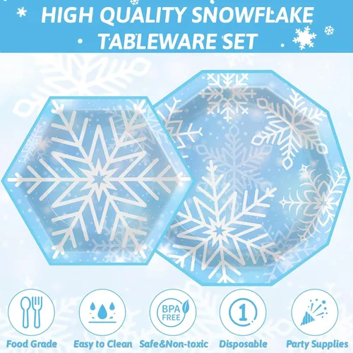 Miniatura 3 de Sirve 24 platos de papel de copo de nieve de Navidad, servilletas de almuerzo azul de nieve de invierno, juego de vajilla desechable de copo
