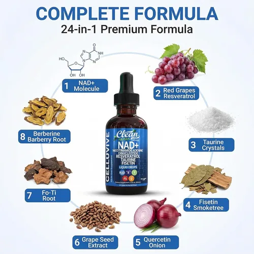 Miniatura 4 de Clean Nutra NAD Suplemento Líquido Gotas Resveratrol Polifenoles Liposomal Taurina Fisetina Extracto de Semilla de Uva Hierba Carmín Fo Ti Anti