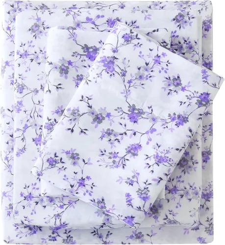 Miniatura 78 de Viviland Juego de sábanas de 3 piezas con estampado botánico de mariposas y flores rosas y moradas, sábanas de microfibra suave y transpirable