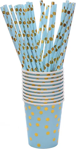 Miniatura 6 de Juego de 201 piezas de suministros azules para fiesta, vajilla de papel desechable que sirve 25 platos de papel azul con puntos dorados