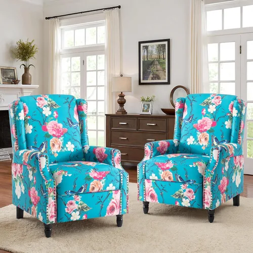 Miniatura 7 de Silla reclinable tapizada, sillón de ala floral con respaldo y reposapiés ajustables, cómoda silla decorativa para leer, sofá individual