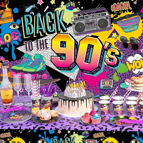 Miniatura 5 de Cunhill Decoraciones de fiesta de los años 90, temática de los años 90, globos de látex de regreso a los 90, mantel de fiesta de los 90, platos