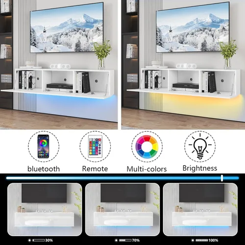 Miniatura 5 de Soporte de TV flotante con LED para TV de 60, 65, 70 pulgadas, brillante centro de entretenimiento moderno montado en la pared con almacenamiento