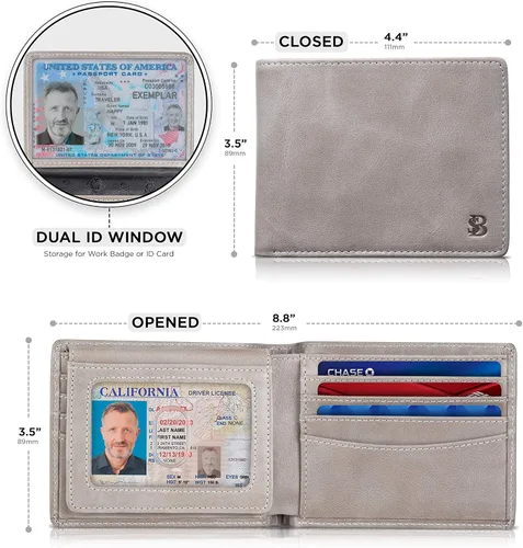 Miniatura 3 de SERMAN BRANDS Billetera de piel con 2 ventanas de identificación para hombre, con bloqueo RFID, doble tapa superior, billetera de viaje de capacidad