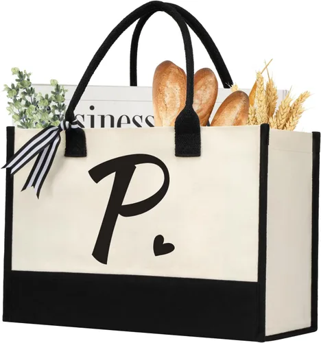 Miniatura 35 de shenee - Bolsa de lona con inicial, bolsa de yute personalizada para la playa, regalo de vacaciones para mujeres, cumpleaños de amigos, boda, año