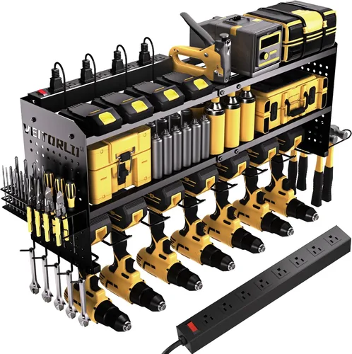 Miniatura 11 de Organizador de herramientas eléctricas con estación de carga, estante modular de montaje en pared resistente para garaje y organización