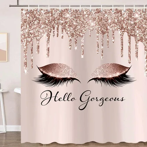 Hello Gorgeous - Cortina de ducha para baño, pestañas de unicornio, color rosa, gris, oro rosa, dorado, juego de cortina de ducha de poliéster
