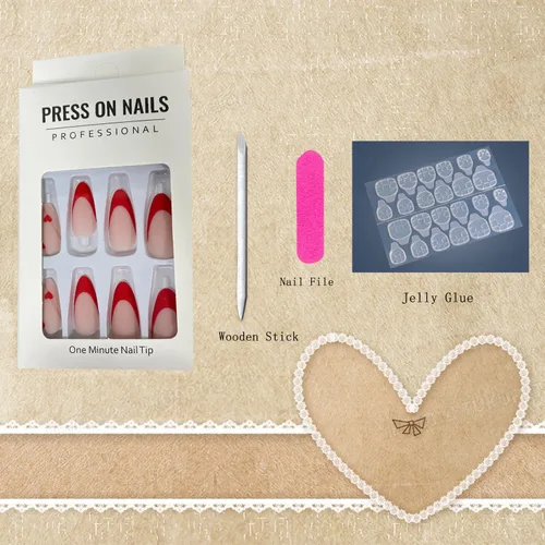 Miniatura 6 de Uñas postizas a presión de punta francesa de almendra, medianas, uñas postizas acrílicas artificiales con diseño de corazón de amor rojo, cobertura