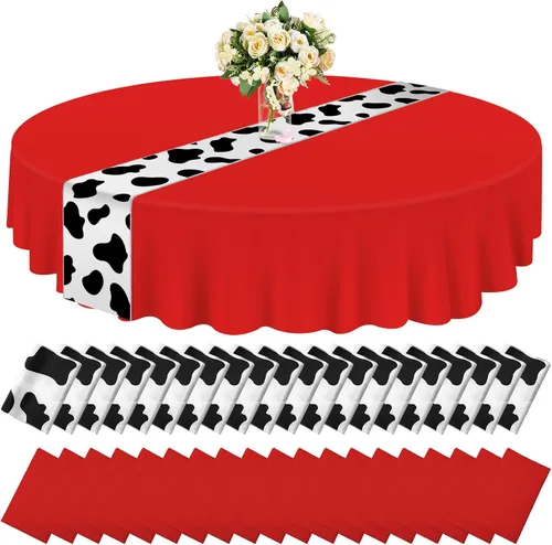 Oudain Juego de 20 caminos de mesa de vaca de 12 x 108 pulgadas y manteles redondos rojos de 84 pulgadas, diseño de vaca de plástico, impermeables,