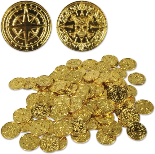 Miniatura 12 de Beistle 100 monedas de plástico en relieve de plata para casino occidental y tema pirata, recuerdos de fiesta del cofre del tesoro, 1.5 pulgadas