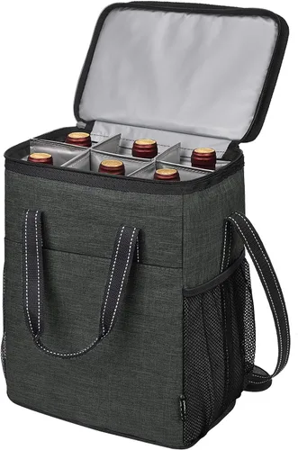 Tirrinia - Bolsa térmica para regalo de vino para 6 botellas, aislada y acolchada con asa y correa de hombro ajustable para viajes o picnic, regalo