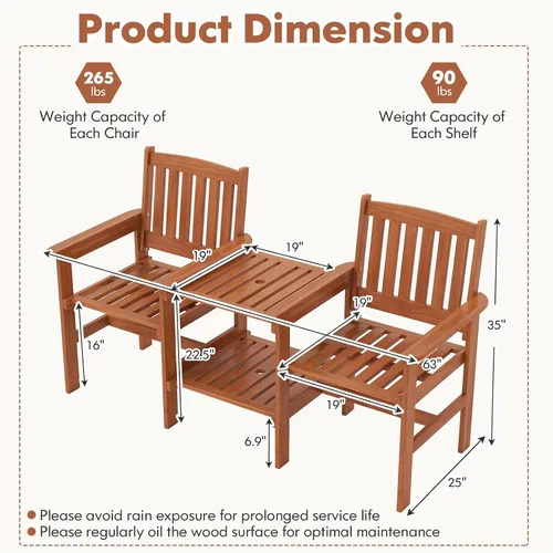 Miniatura 2 de RELAX4LIFE Sofá de dos plazas para exteriores con mesa integrada, sillas de patio de madera con mesa central y agujero para paraguas, banco
