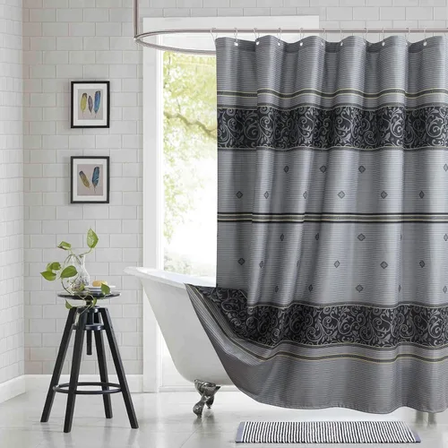 Miniatura 17 de Cortina de ducha de tela, estampado beige y tostado, cortinas de ducha con patrón de damasco bohemio de cachemira para baño, cortinas de baño Hudson