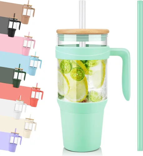 Miniatura 12 de Tronco Vaso de vidrio de 32 onzas con asa, popote y tapa de bambú, cabe en el soporte para tazas, taza de batido de café helado, sin BPA, apto
