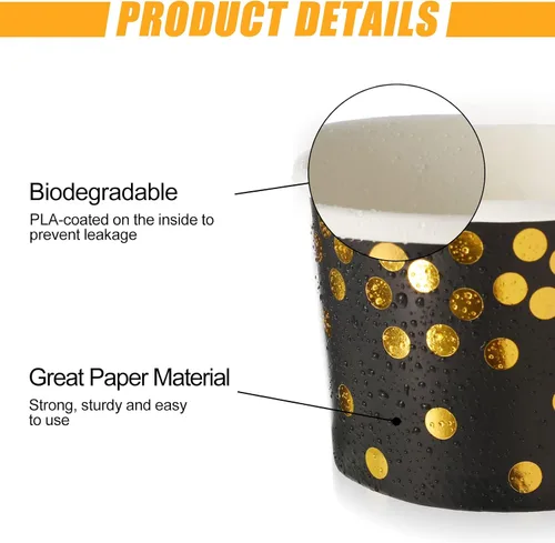 Miniatura 3 de CHENGU 100 tazas de papel para helado a granel de 8 onzas, desechables en negro y dorado, cuencos de postre para aperitivos, yogur, alimentos