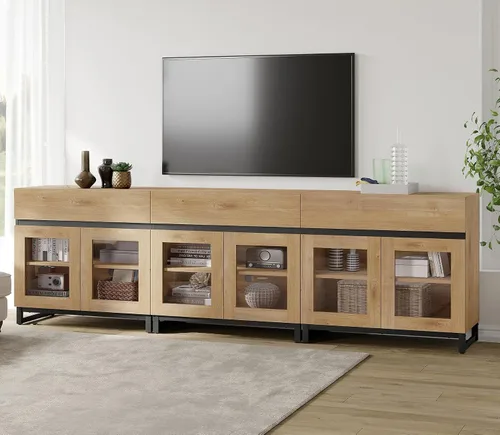 Miniatura 22 de WAMPAT Moderno soporte de TV con puertas de vidrio para televisores de 32 a 40 pulgadas, consola central de entretenimiento con estantes ajustables