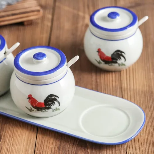 Miniatura 6 de Tarros de especias retro de cerámica para condimentos, sal y glutamato monosódico, tarro de condimento para cocina casera con tapa, cuchara, aceite