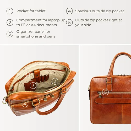 Miniatura 5 de Time Resistance Maletín de cuero - Bolso italiano hecho a mano de cuero para portátil - Maletín para hombre y mujer - Bolsa para computadora