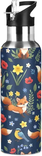 Miniatura 8 de Insulated Water Bottle 32 Oz, Leakproof Water Bottles for Gym Outdoor Travel School, Cute Foxes Colorful Flowers